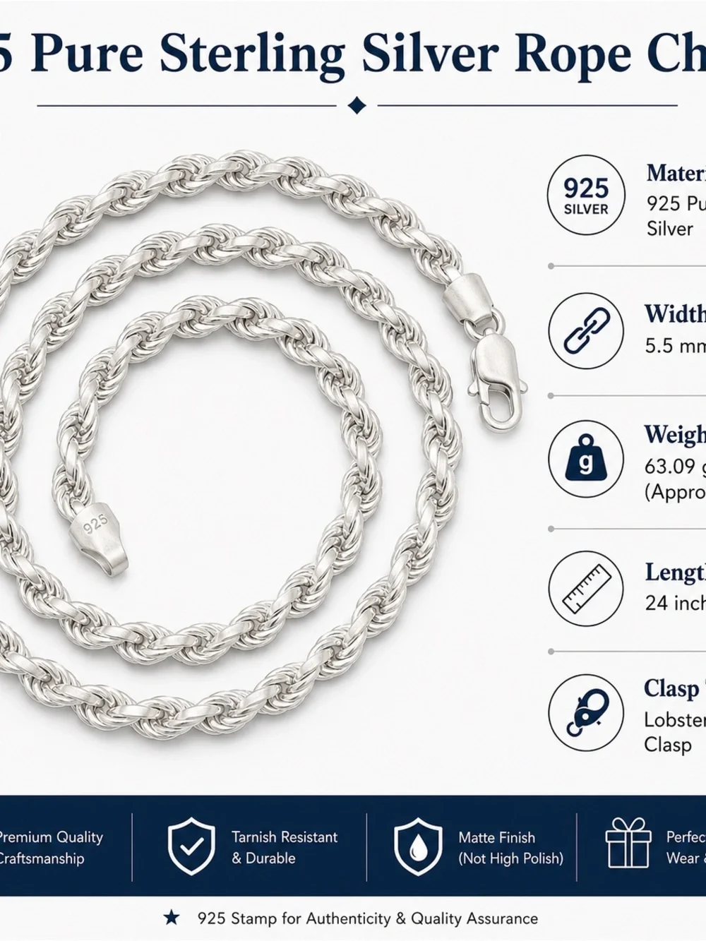 Sterling Silver Rope Chain Necklace - 925 Stamp